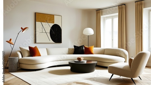 Modern minimalist living room, curved white sofa, retro armchair, round coffee table, abstract wall art, orange accents, wooden elements, natural light, sleek design, neutral color palette, contempora photo