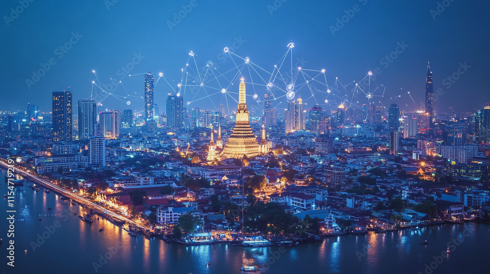 Obraz premium Smart digital Innovation city with connection network reciprocity over the cityscape. of future smart wireless city and social media networking systems that connects business people with in city