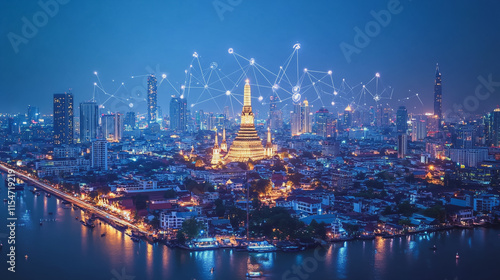 Smart digital Innovation city with connection network reciprocity over the cityscape. of future smart wireless city and social media networking systems that connects business people with in city