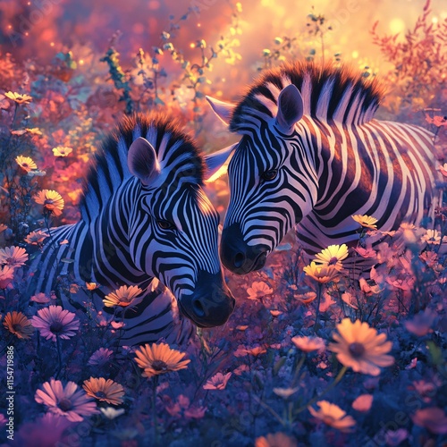 Two friendly zebras grazing together with glowing wildflowers surrounding them photo