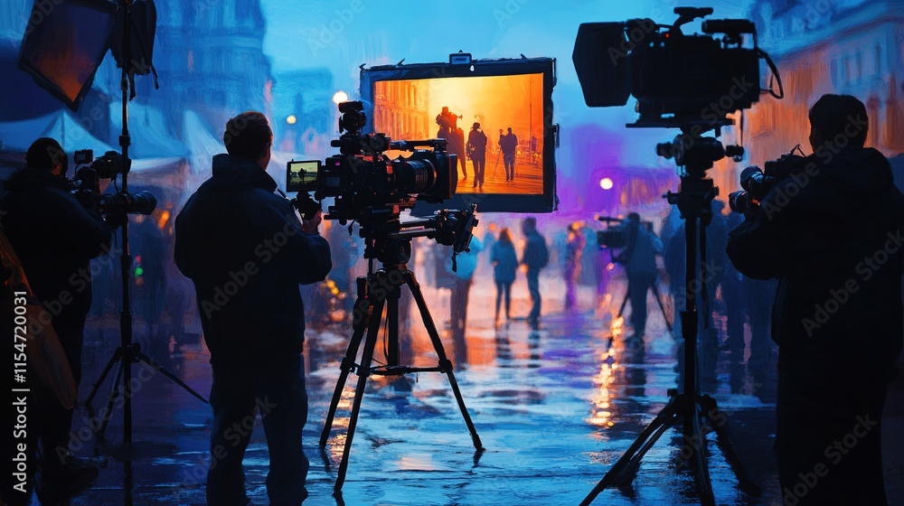 Fototapeta premium Cinematic Silhouettes: Film Crew at Work in Atmospheric Fog. Creative Abstract Background Capturing Dramatic Lighting and High-Resolution Shadows on Stage. AI-Generated Design for Advertising and Mark