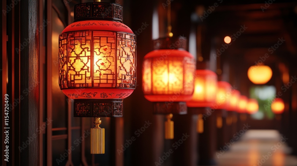 Illuminated red lanterns hanging in a corridor.