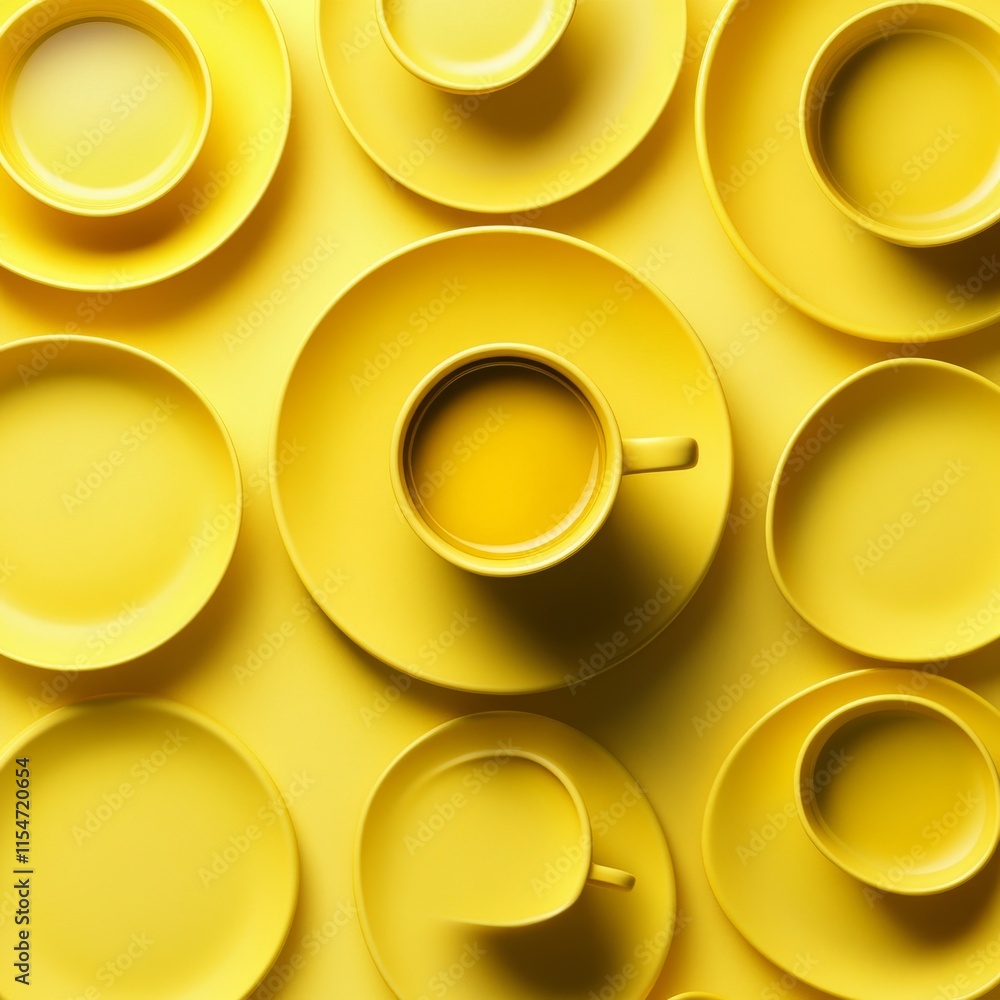 A pattern of yellow coffee saucers arranged in an aesthetically pleasing composition, with one cup placed on top and another surrounded by the other plates A pattern of yellow coffee saucers arranged in an aesthetically pleasing composition, with one cup placed on top and another surrounded by the other plates