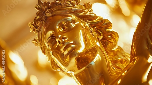 Close-up of a shiny golden element of a statue with intricate details, reflecting light and showcasing its polished texture, symbolizing art and craftsmanship. photo