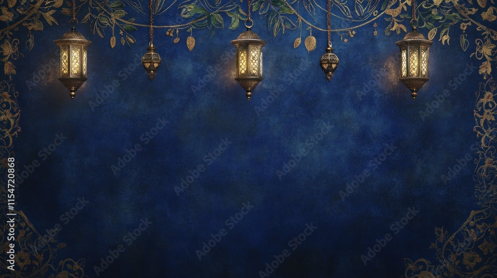 Festive lanterns hanging on a dark blue textured background with ornate borders. Festive lanterns hanging on a dark blue textured background with ornate borders.