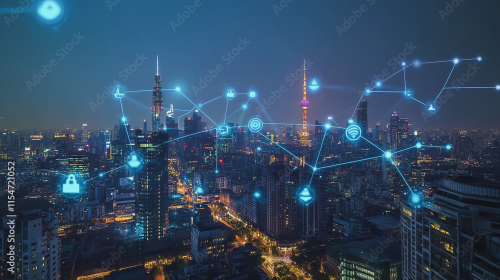 custom made wallpaper toronto digitalSmart digital Innovation city with connection network reciprocity over the cityscape. of future smart wireless city and social media networking systems that connects business people with in city