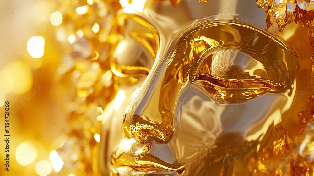 Obraz premium Close-up of a shiny golden element of a statue with intricate details, reflecting light and showcasing its polished texture, symbolizing art and craftsmanship.