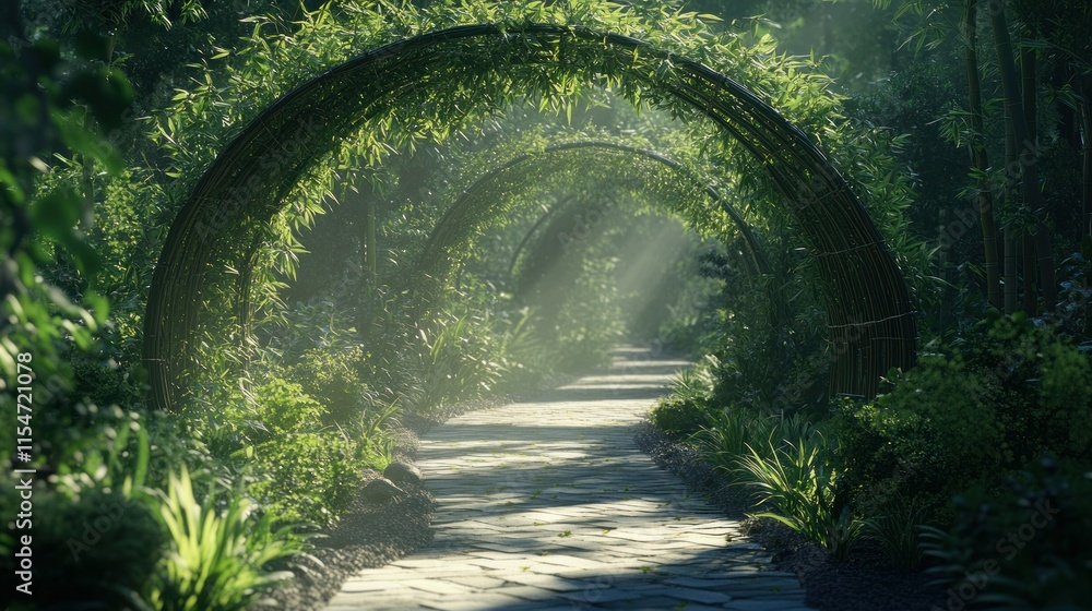 Obraz premium The path is made of bamboo forest garden, their lush green stems forming an arch above background wallpaper AI generated image