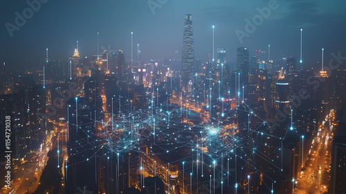 Wallpaper Mural Smart digital Innovation city with connection network reciprocity over the cityscape. of future smart wireless city and social media networking systems that connects business people with in city Torontodigital.ca