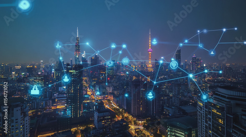 Wallpaper Mural Smart digital Innovation city with connection network reciprocity over the cityscape. of future smart wireless city and social media networking systems that connects business people with in city Torontodigital.ca