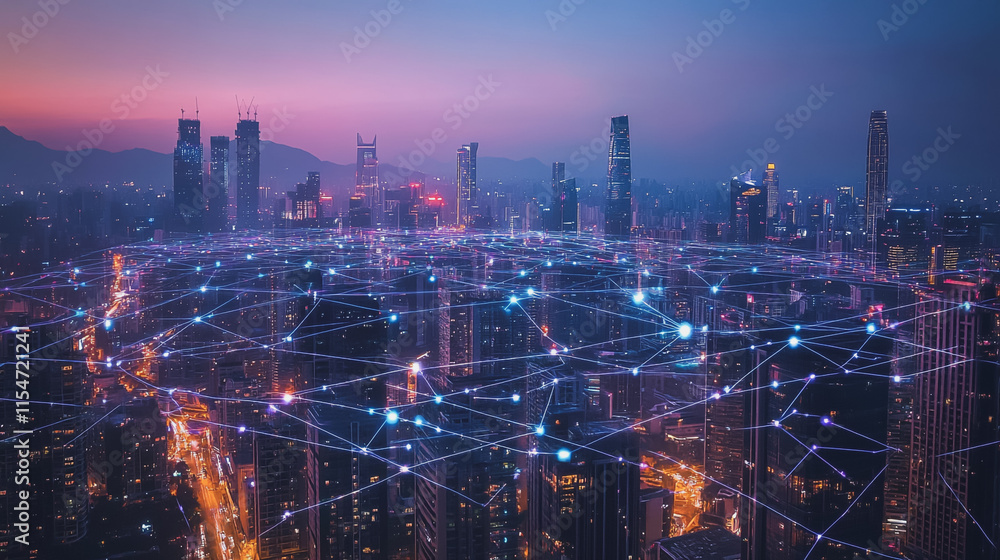 Fototapeta premium Smart digital Innovation city with connection network reciprocity over the cityscape. of future smart wireless city and social media networking systems that connects business people with in city