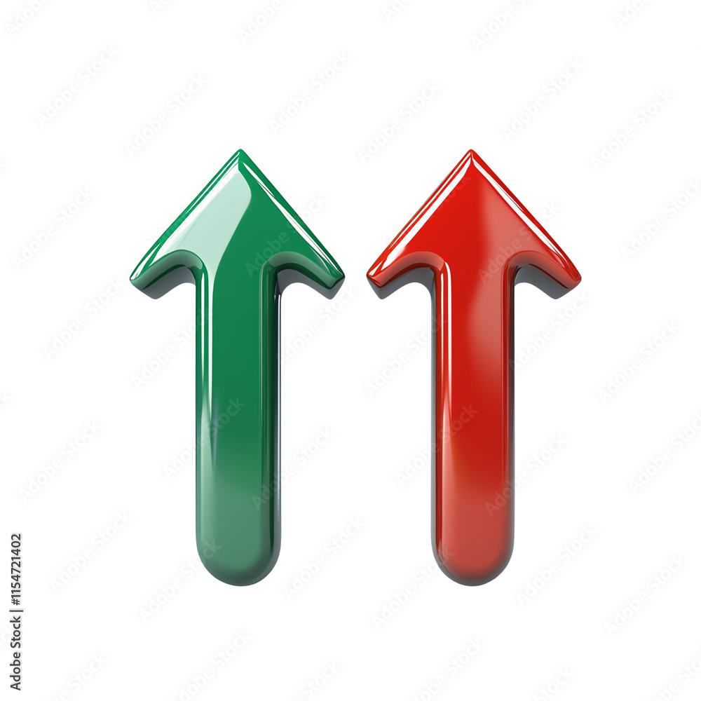 Two glossy arrows, one green pointing up and one red pointing up, symbolizing increase and decrease. Two glossy arrows, one green pointing up and one red pointing up, symbolizing increase and decrease.