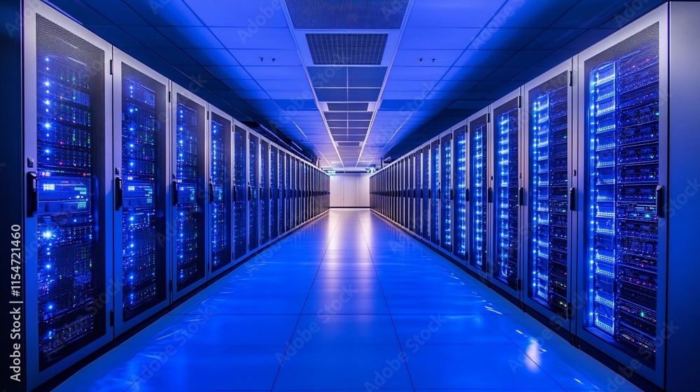 A corridor lined with server racks illuminated by blue lights. A corridor lined with server racks illuminated by blue lights.