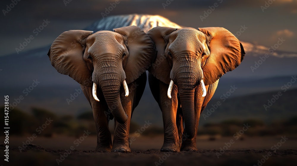 Fototapeta premium Majestic African Elephants at Sunset with Kilimanjaro in the Background