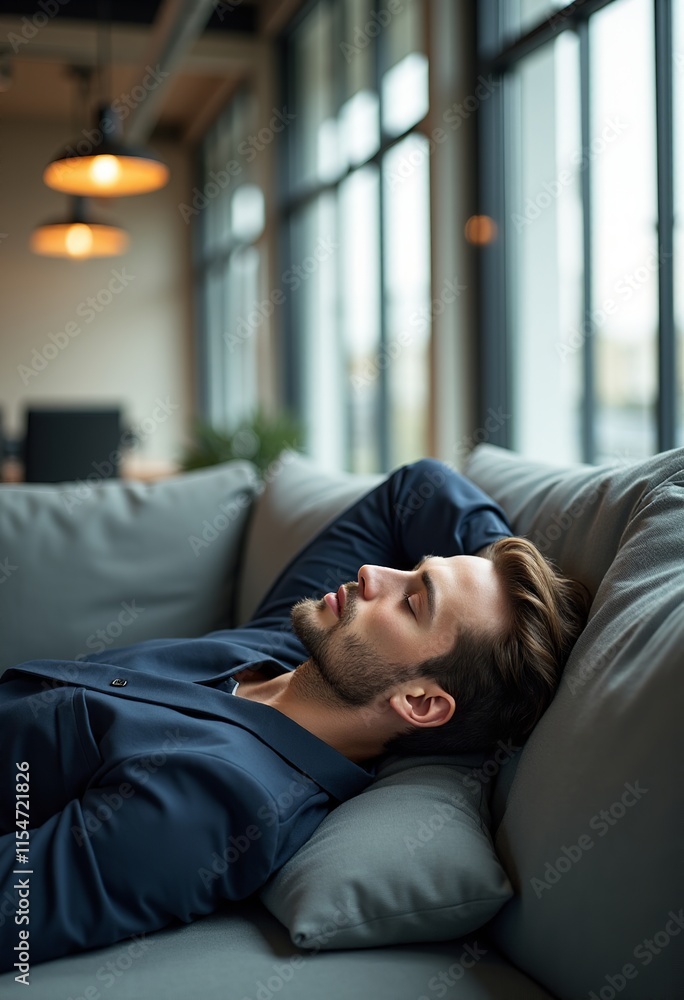 Business Professional Relaxing on a Grey Couch in a Modern Office: Emphasizing Work-Life Balance and Comfort in a Minimalist Environment Business Professional Relaxing on a Grey Couch in a Modern Office: Emphasizing Work-Life Balance and Comfort in a Minimalist Environment