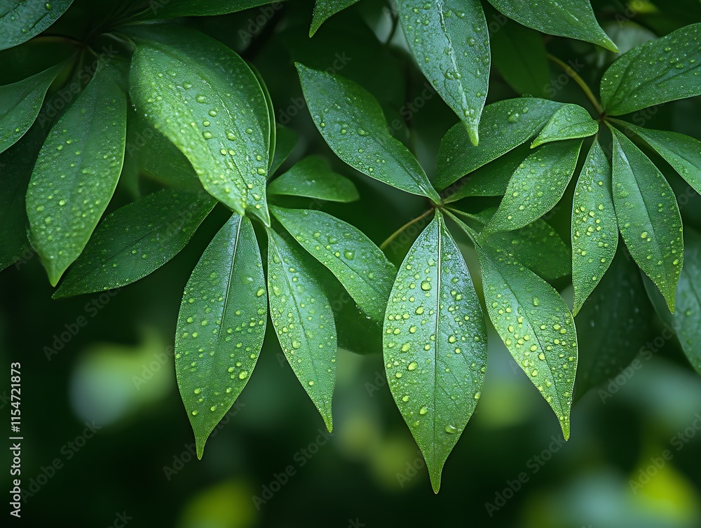 Obraz premium Lush Green Leaves Glistening With Dew Drops