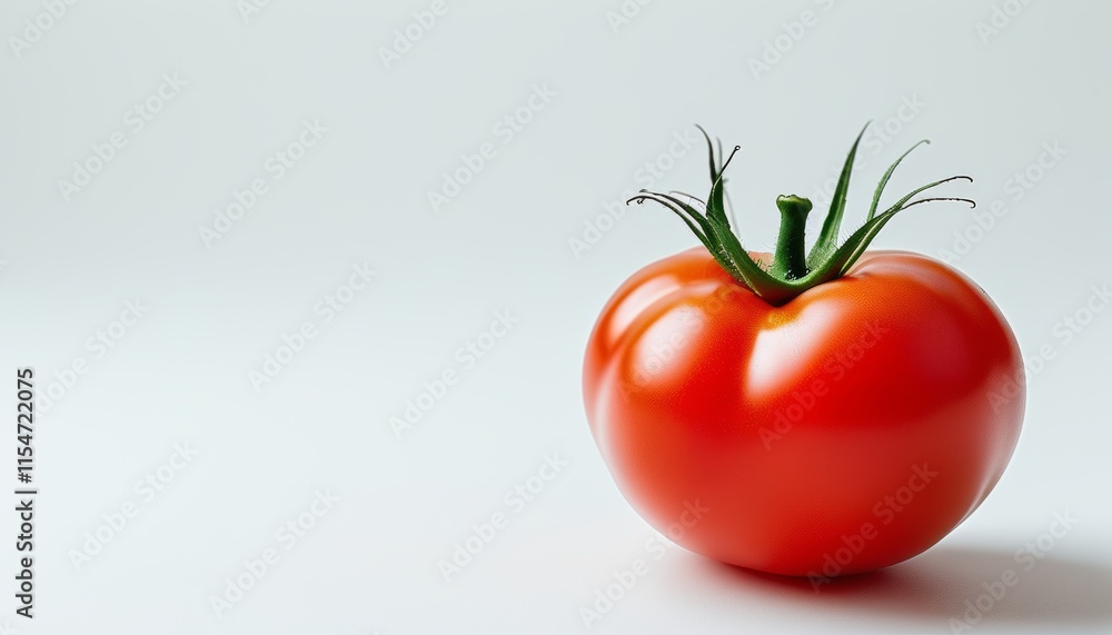 Ripe Red Tomato with Green Stem and Smooth Skin on Light Background Ripe Red Tomato with Green Stem and Smooth Skin on Light Background