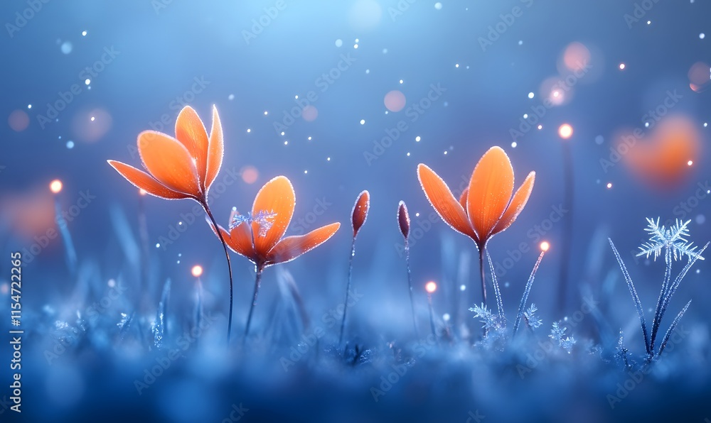 Glowing orange flowers in frosty field at night. Glowing orange flowers in frosty field at night.