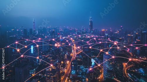 Wallpaper Mural Smart digital Innovation city with connection network reciprocity over the cityscape. of future smart wireless city and social media networking systems that connects business people with in city Torontodigital.ca