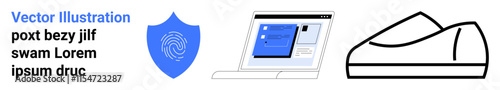 Blue shield with fingerprint, laptop with digital interface, black and white sneaker outline. Ideal for tech, security, fashion, footwear, modern design, online security, digital interface. Landing