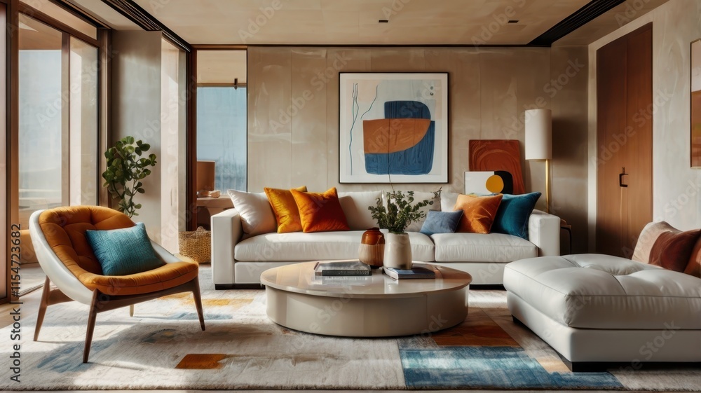 Fototapeta premium Modern living room interior, warm color palette, L-shaped beige sectional sofa, colorful throw pillows, round wooden coffee table, abstract geometric wall art, large windows, natural light, hardwood f