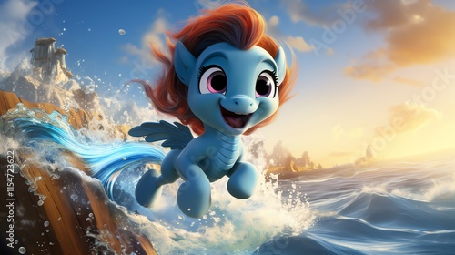 Happy blue pony leaping over ocean waves at sunset.