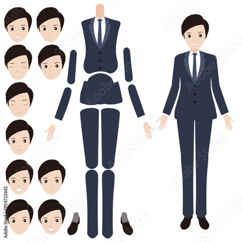 【シンプルな人物イラストセット 全身 スーツ風の男性01】　キャラクターは各パーツがレイヤーで構成されていて自由にポーズを付けることができます。また、表情も10パターンあり口を動かしたり瞬きすることもできます。A set of face, arm and body parts that can be used for animation and illustrations. DIY kit