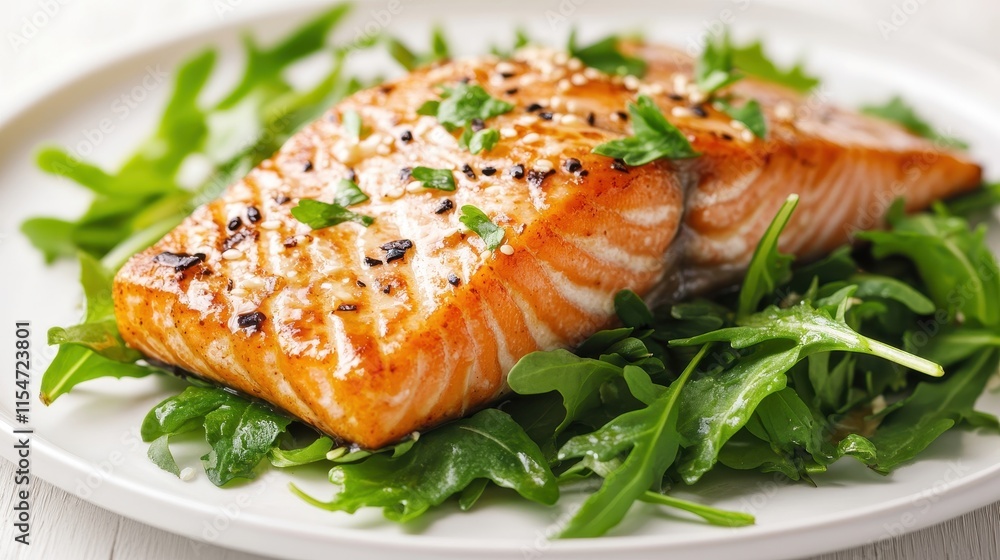 Salmon Steak with Teriyaki Glaze on Fresh Greens Salmon Steak with Teriyaki Glaze on Fresh Greens