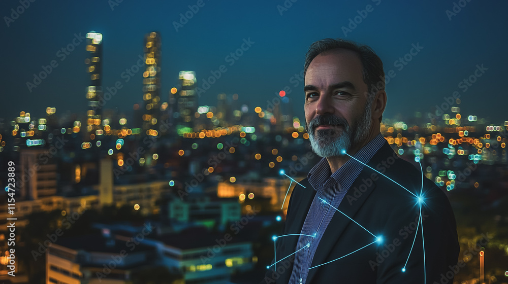 Fototapeta premium Smart digital Innovation city with connection network reciprocity over the cityscape. of future smart wireless city and social media networking systems that connects business people with in city
