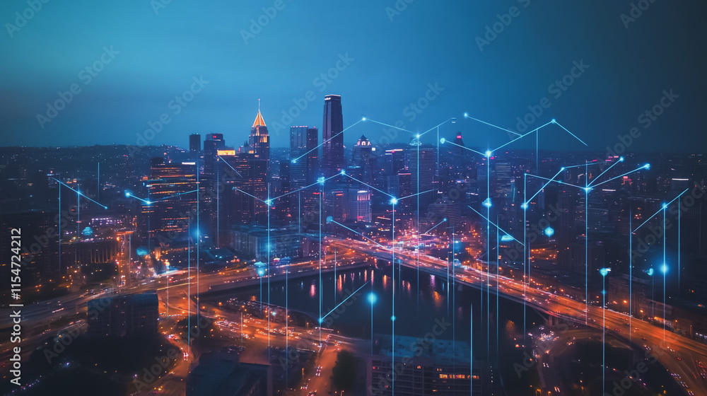 Fototapeta premium Smart digital Innovation city with connection network reciprocity over the cityscape. of future smart wireless city and social media networking systems that connects business people with in city