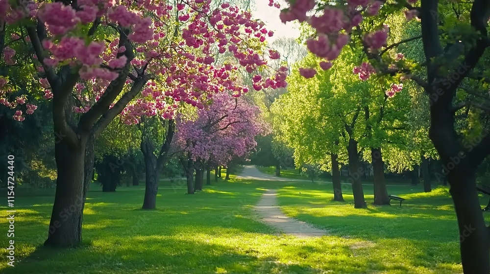 Naklejka premium Lush Springtime Park Scene with Blooming Trees and Greenery