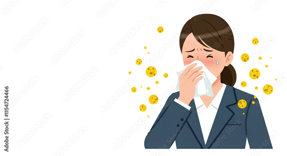 花粉症状 - アレルギー - 鼻をかむ女性 - イラスト素材