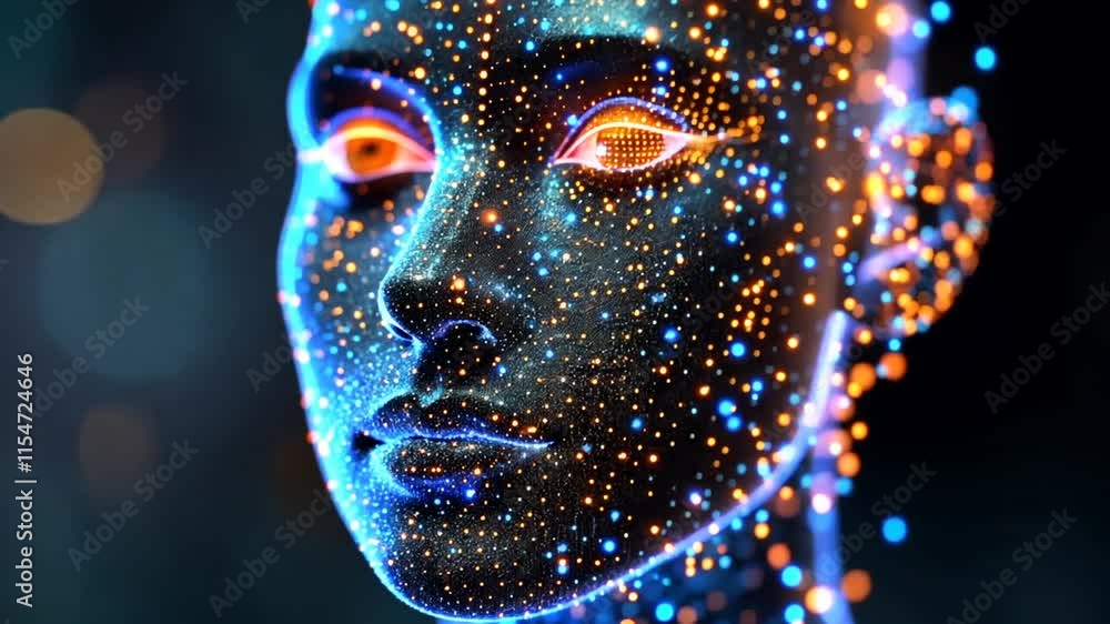 A striking depiction of a human face formed from numerous glowing dots, showcasing technology's blend with art and highlighting intricate details in vibrant colors against a dark background A striking depiction of a human face formed from numerous glowing dots, showcasing technology's blend with art and highlighting intricate details in vibrant colors against a dark background