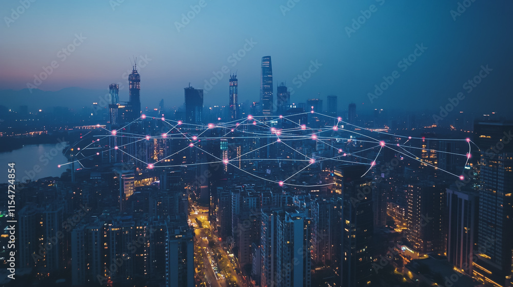 Fototapeta premium Smart digital Innovation city with connection network reciprocity over the cityscape. of future smart wireless city and social media networking systems that connects business people with in city