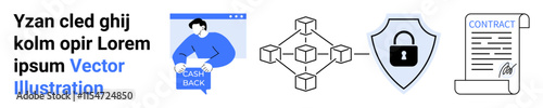 Person clicking cash back button, interconnected network of blocks, shield with lock, and contract document. Ideal for finance, blockchain, cybersecurity, e-commerce, online transactions, secure