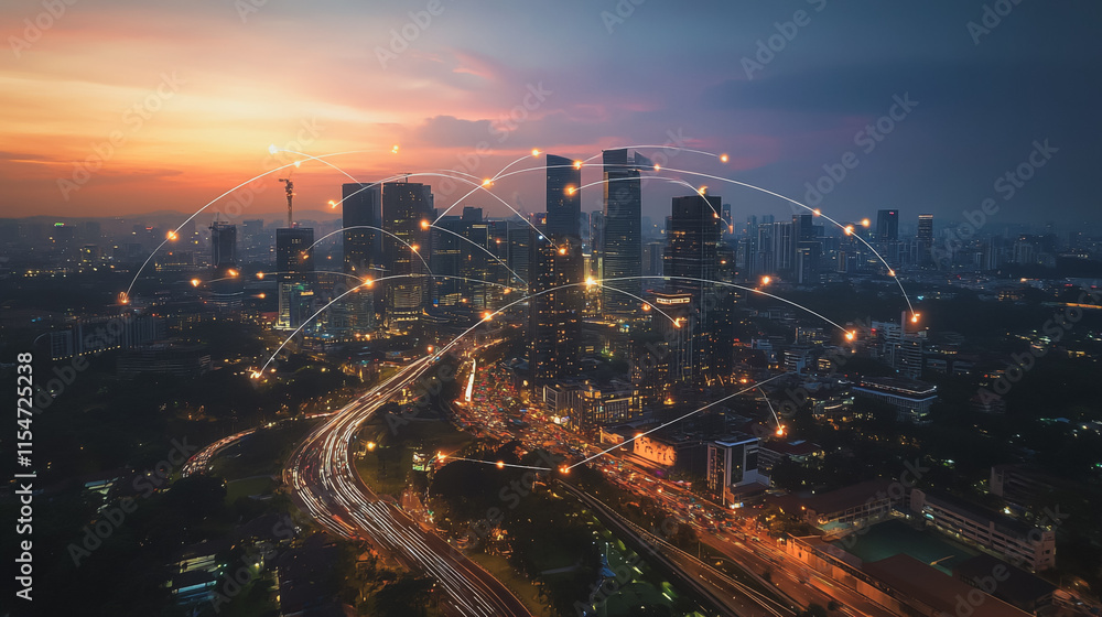 Fototapeta premium Smart digital Innovation city with connection network reciprocity over the cityscape. of future smart wireless city and social media networking systems that connects business people with in city