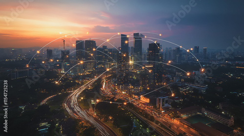 Wallpaper Mural Smart digital Innovation city with connection network reciprocity over the cityscape. of future smart wireless city and social media networking systems that connects business people with in city Torontodigital.ca