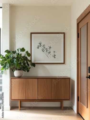 Modern Minimalist Entryway With Wooden Cabinet And Plant photo