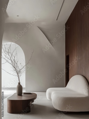 Modern minimalist living room interior design features a curved sofa