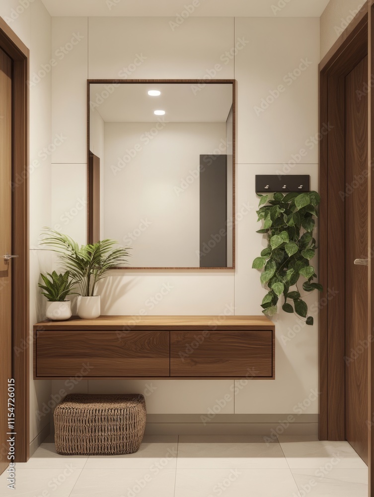 Fototapeta premium Modern Minimalist Entryway With Wooden Accents And Plants