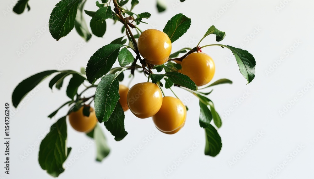 Sweet Golden Mirabelle Plums on Branch Against Light Background
