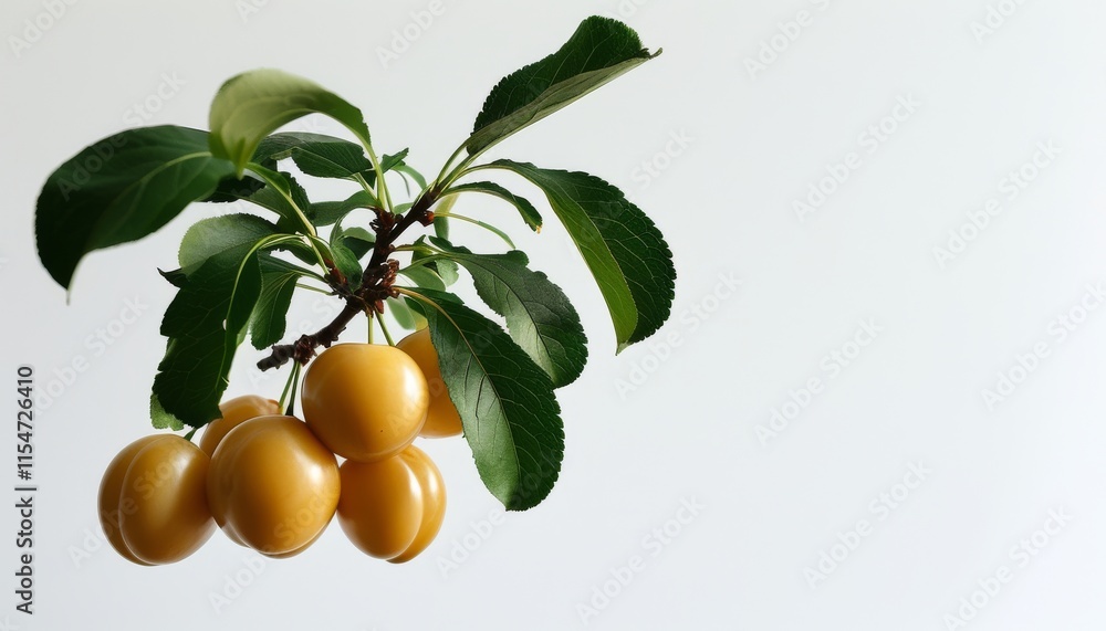 Sweet Golden Mirabelle Plums on Branch with Fresh Leaves Against Minimalist Background Sweet Golden Mirabelle Plums on Branch with Fresh Leaves Against Minimalist Background