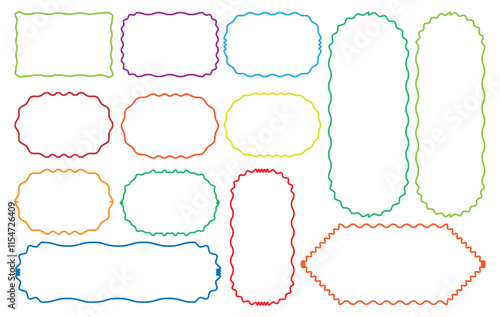 Set of Zigzag and colorful Shapes. Vector Rectangle, Circle, Square and Oval Elements with Curve Edge. Zig Zag Shapes for Stickers, labels, Color squiggle frames set. zigzag line's shape, vector
