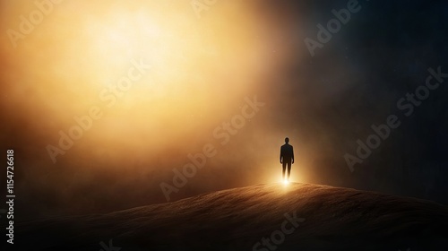 Silhouette of a person standing on a hill against a glowing, cosmic backdrop.