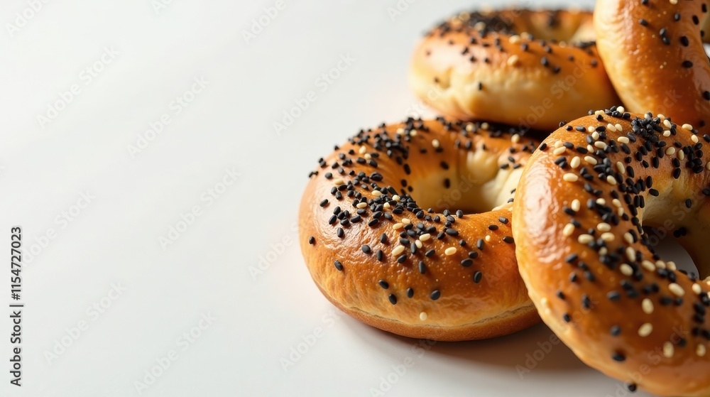 A delectable arrangement of freshly baked bagels, adorned with a delightful scattering of sesame seeds, creating a visually appealing and appetizing culinary scene. A delectable arrangement of freshly baked bagels, adorned with a delightful scattering of sesame seeds, creating a visually appealing and appetizing culinary scene.