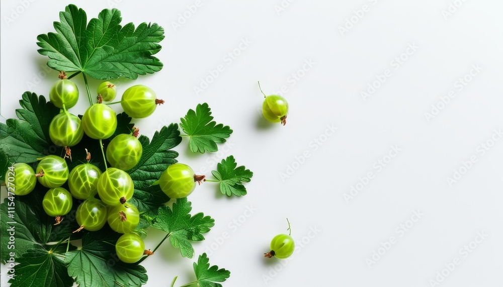 Fresh Green Gooseberry Tart Ingredients on a Light Background with Leaves and Berries Fresh Green Gooseberry Tart Ingredients on a Light Background with Leaves and Berries