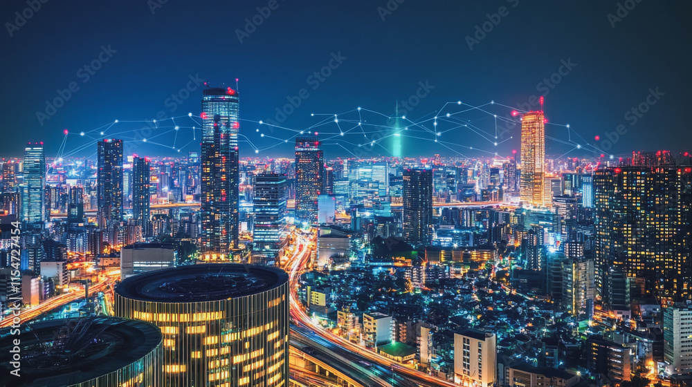Obraz premium Smart digital Innovation city with connection network reciprocity over the cityscape. of future smart wireless city and social media networking systems that connects business people with in city