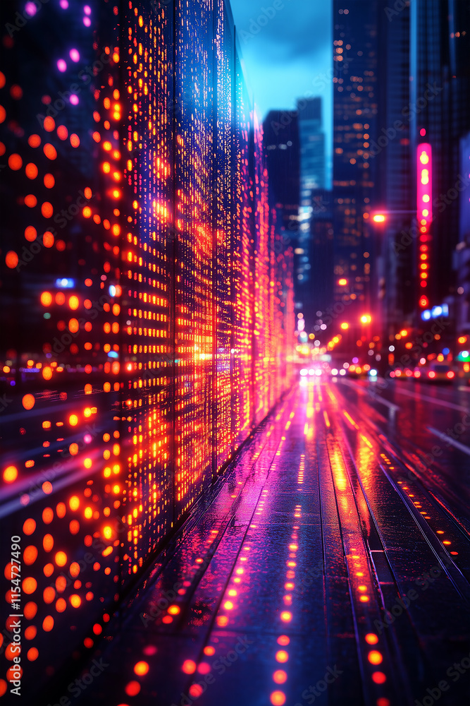 Fototapeta premium Futuristic Cityscape Background with road, buildings, digital elements, with bright and glowing bokeh lights