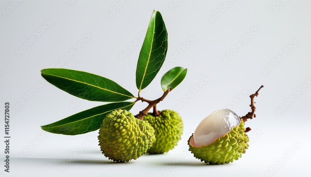 Obraz premium Fresh Lychee Fruit with Translucent Flesh and Green Leaves on Soft White Background