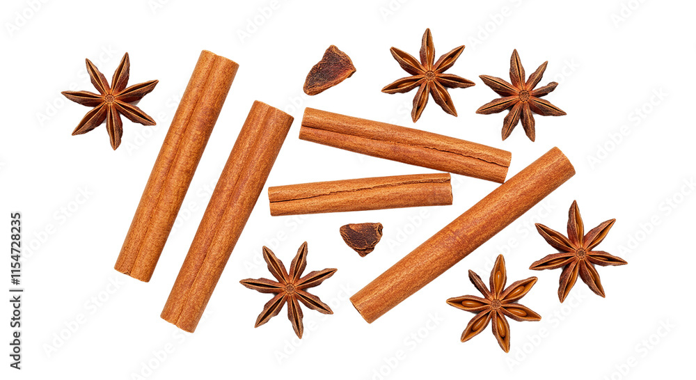 Heap of Cinnamon Sticks and Star Anise on a White Surface Heap of Cinnamon Sticks and Star Anise on a White Surface